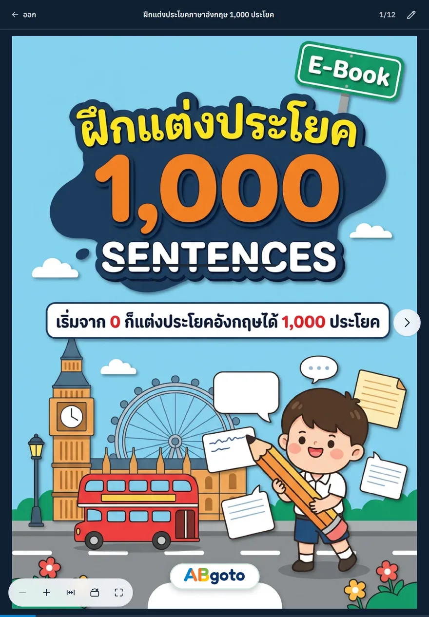 หน้าจอแท็บเล็ตแสดงหน้าปกหนังสือฝึกแต่งประโยคภาษาอังกฤษ 1,000 ประโยค ในตัวอ่านของ ABgoto พร้อมปุ่มพลิกหน้าและปุ่มซูม