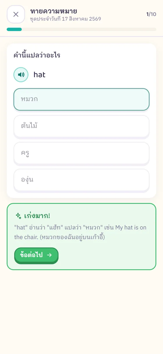 หน้าจอมือถือแสดงเกมทายความหมายของ ABgoto ชุดประจำวันข้อที่ 1 จาก 10 ถามว่าคำว่า hat แปลว่าอะไร ผู้เล่นเลือก หมวก ถูกต้อง แล้วขึ้นคำอธิบายพร้อมตัวอย่างประโยค